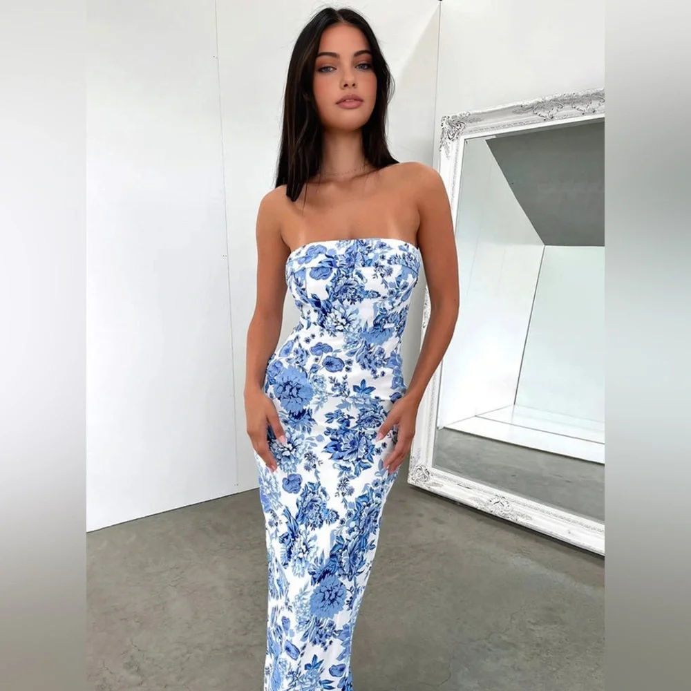 Floral Blue and White Strapless Dress Maxi Commense Medium - Picture 2 of 6
